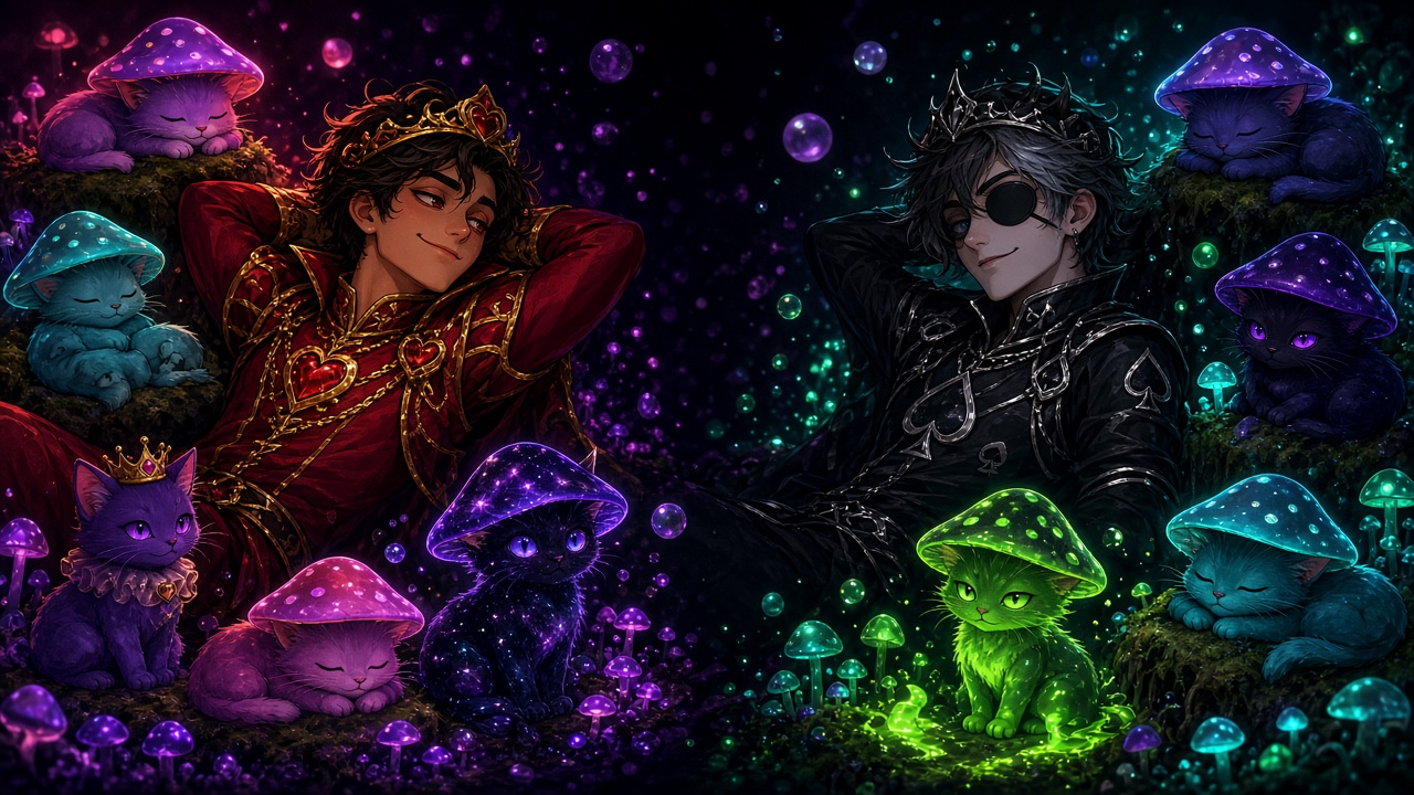 Jack of Hearts and Jack of Spades chilling with glowing Mushroom Kittens